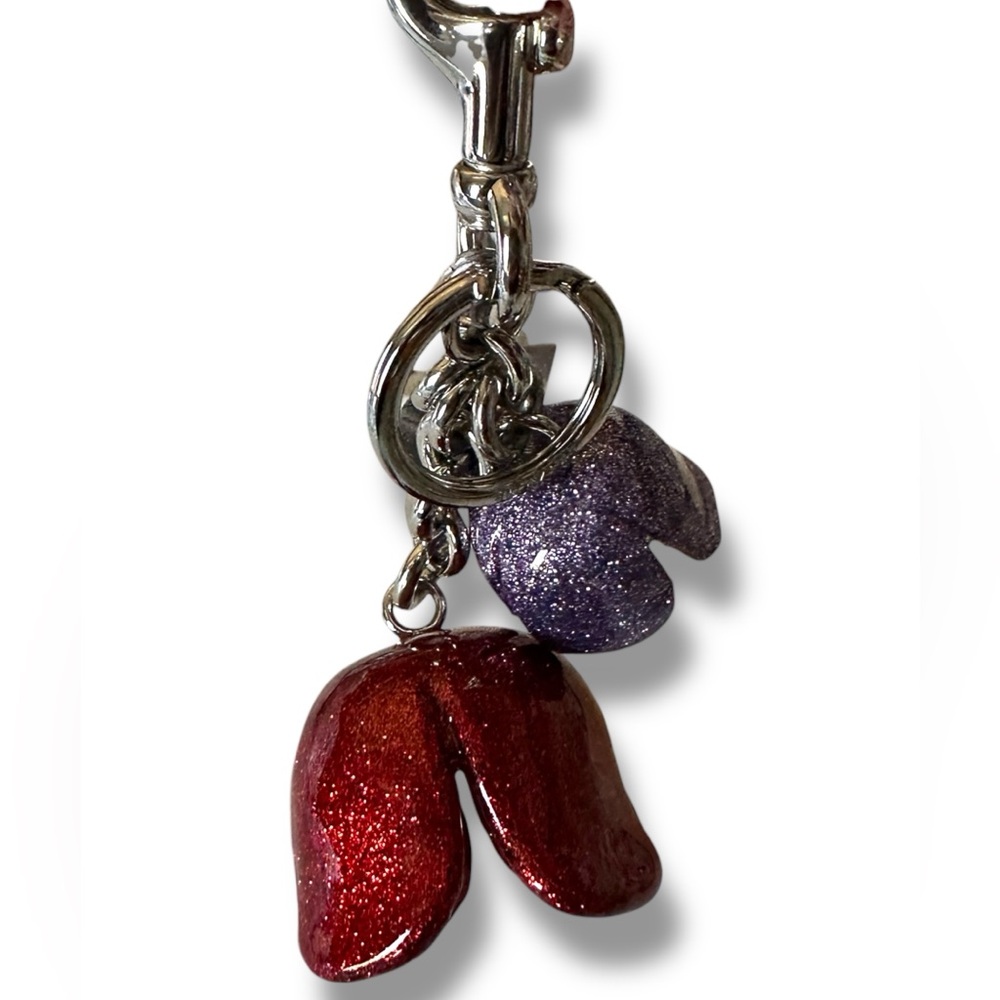 Coach Glitter Resin Tea Rose Bag Charm Style F58514 Red & Purple Flower Keychain - Picture 3 of 3